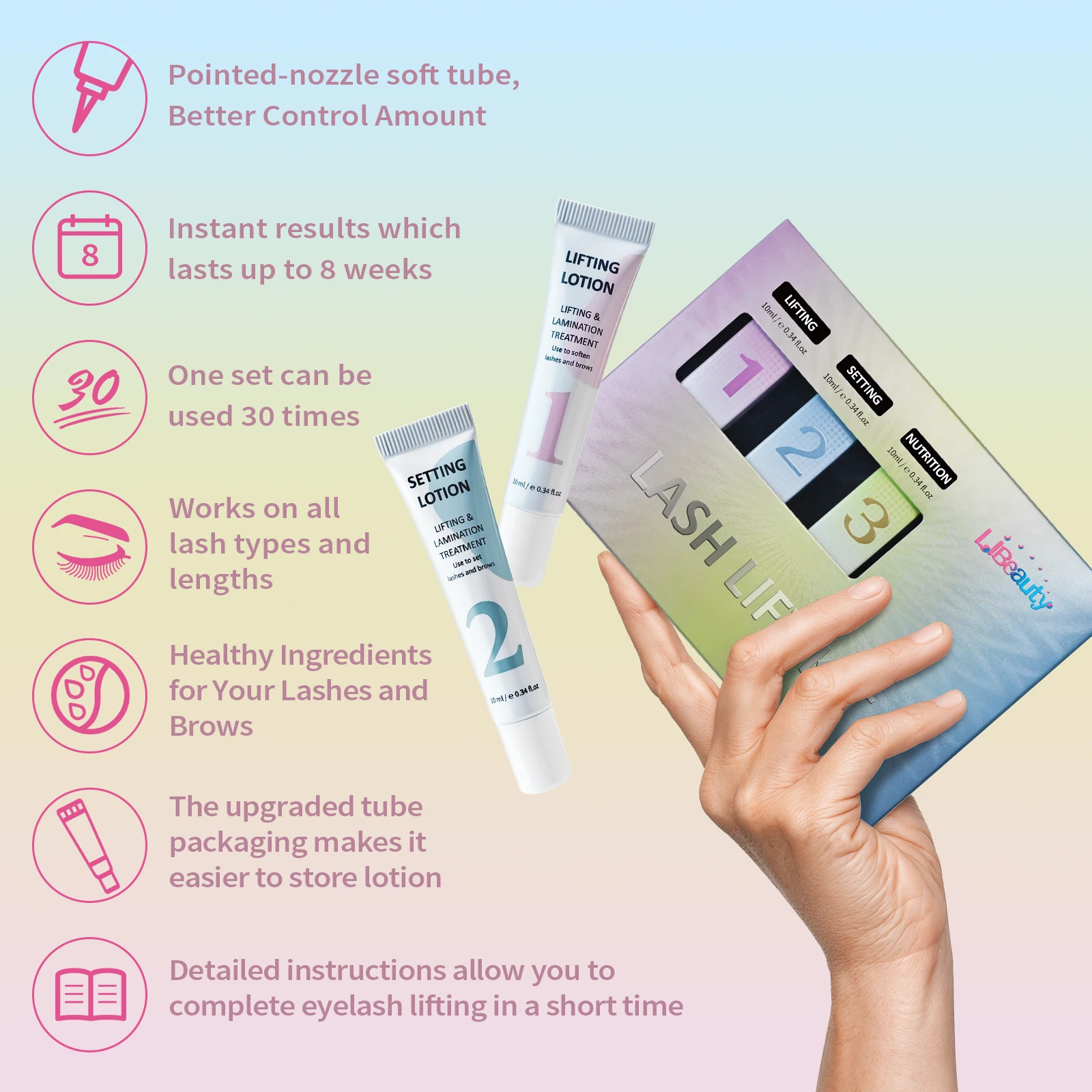 Kit de Lifting de Pestañas Libeauty de 10 ml y Kit de Laminación de Cejas con Bálsamo para Lifting de Pestañas, Diseño Tubular de Precisión para Uso en Casa