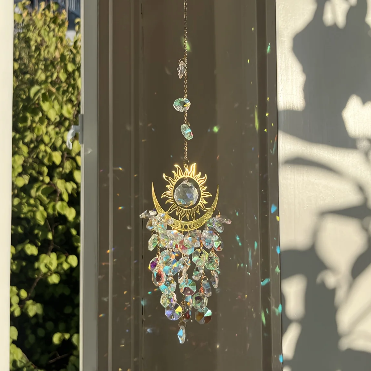 1 pieza de Adornos Luminosos para Jardín, Atrapasoles de Cristal con Diseño de Llama, Luna y Sol, Campanilla de Viento y Adornos Colgantes