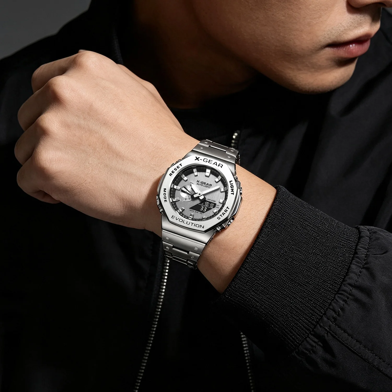 X-GEAR Reloj electrónico deportivo digital unisex Pantalla dual Función completa LED Aleación Gran tiempo Correa de acero