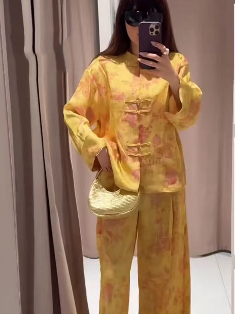 Conjunto de Pantalones Anchos Vintage para Mujer 2026, Estilo Chino, Camisa de Manga Larga con Cuello Alto y Botones Tipo Rana, Pantalones Holgados con Estampado, Conjunto de Dos Piezas