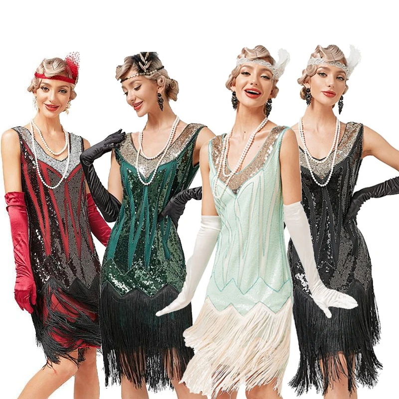 Falda larga sin mangas para mujer, vestido Flapper de fiesta del gran Gatsby Vintage de los años 1920, vestido de cóctel con flecos y lentejuelas