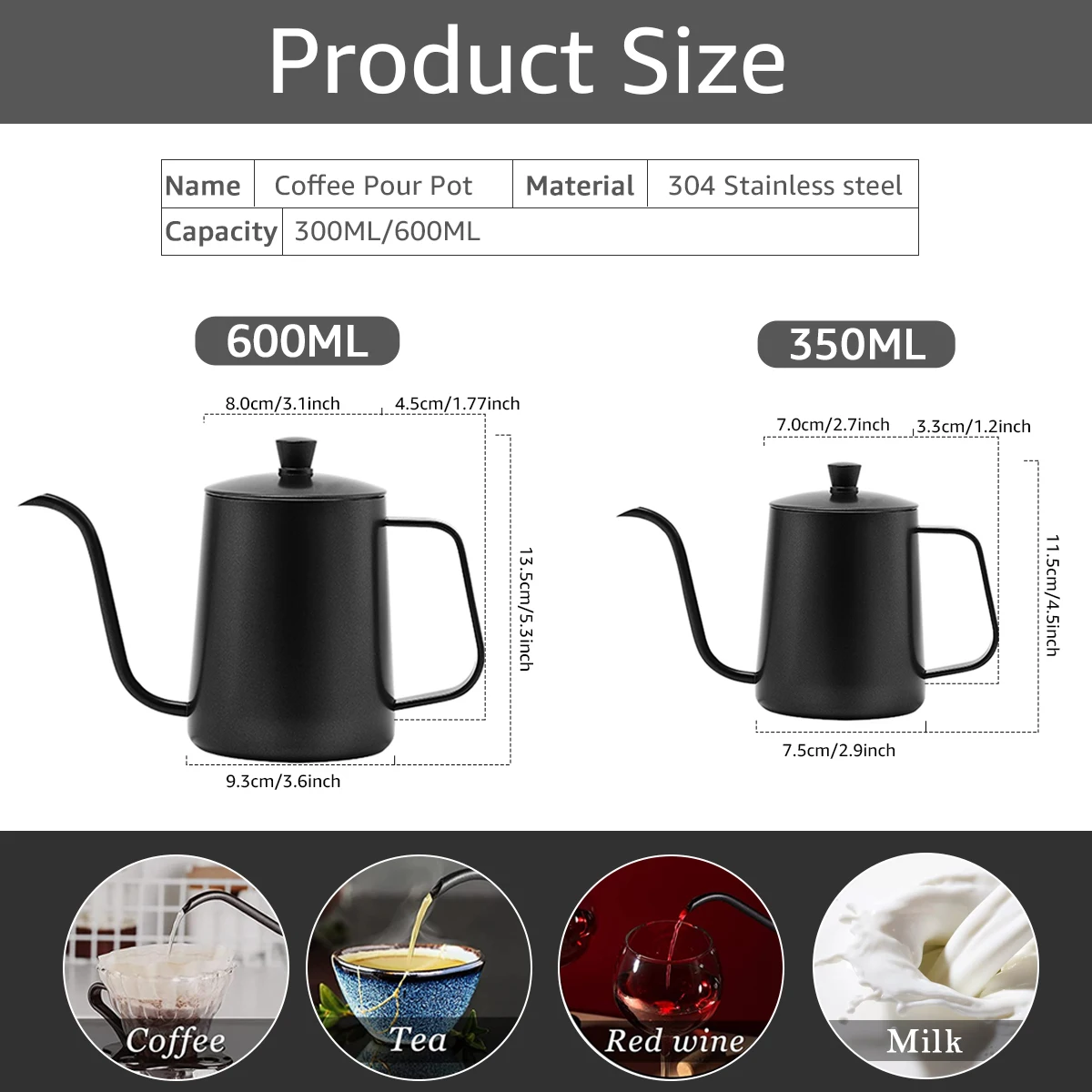 Tetera de café de acero inoxidable de 350/600 ml con boquilla de cuello de cisne para verter café, tetera de goteo de cuello de cisne con boca fina