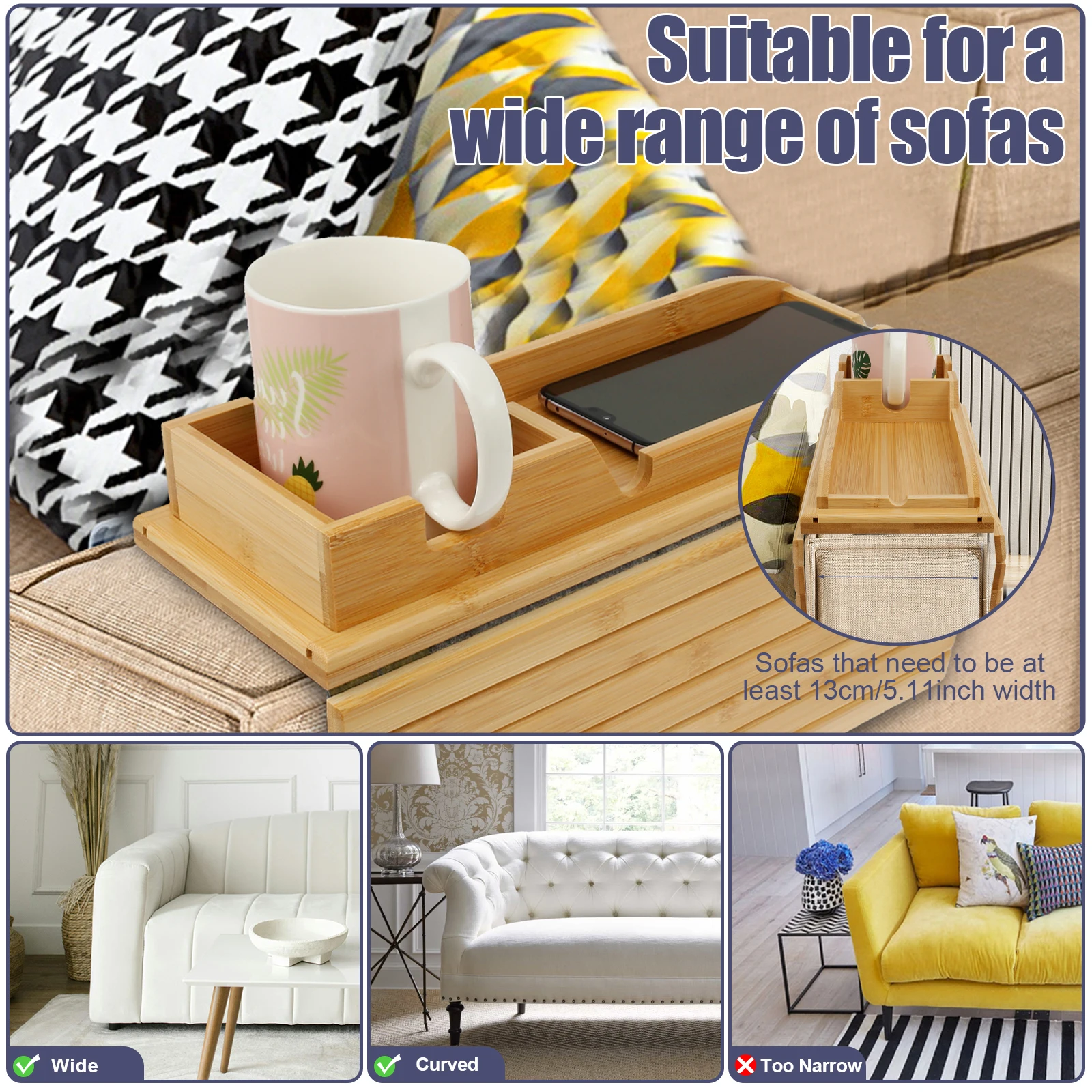 Portavasos para sofá, bandeja de reposabrazos de madera de bambú, portavasos plegable para sofá, portavasos antideslizante para brazo, bandeja de almacenamiento lateral para sofá