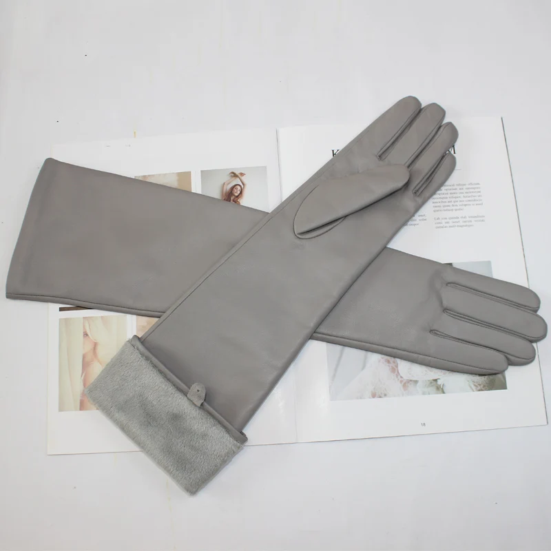 Nuevos guantes largos de piel de oveja para mujer, guantes de invierno de piel auténtica con forro de terciopelo cálido y versátil de Color sólido