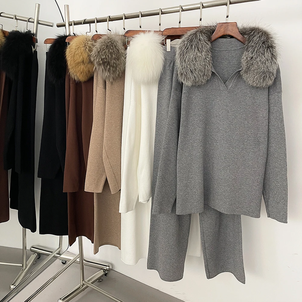 Conjunto de Jersey y chaqueta de piel de realidad para mujer, traje de punto para primavera, suéter con cuello de piel de zorro Real para mujer, tejido de otoño nuevo
