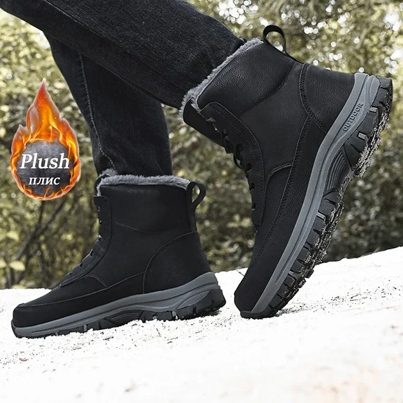 Botas de nieve impermeables para hombre, zapatos de trabajo de cuero, botas súper cálidas para exteriores, senderismo, talla 39-48, Invierno