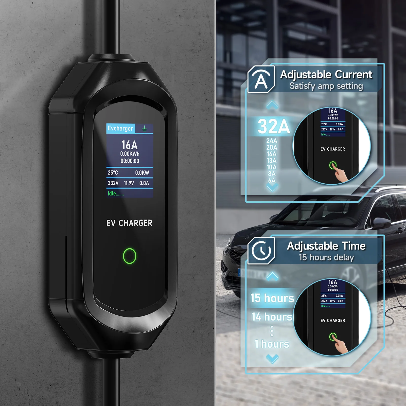 Cargador Portátil para Vehículos Eléctricos AFEEV Tipo 2, 7KW 32A, Monofásico, Wallbox Tipo 1/GBT, Cable de Carga Rápida EVSE, Enchufe CEE, Control por Bluetooth y APP