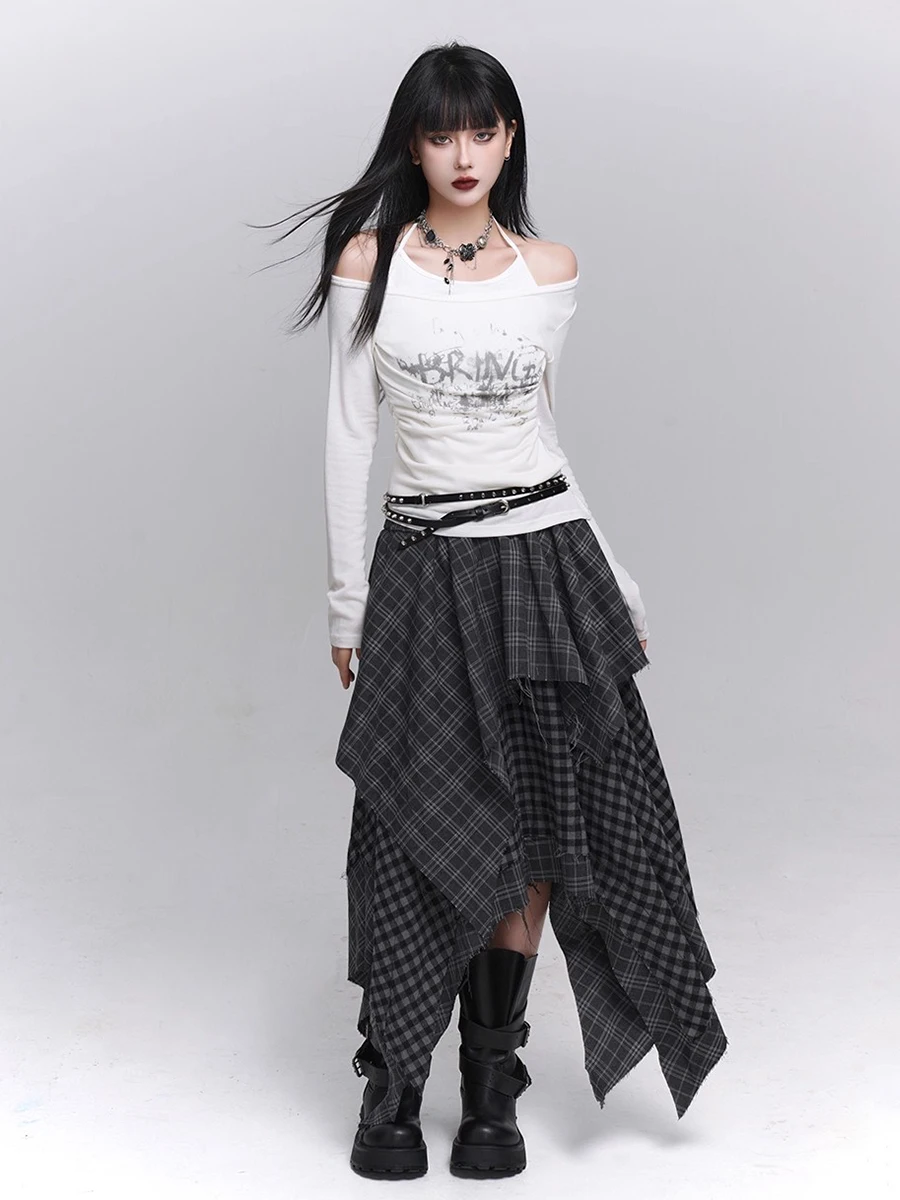 REDDACHiC Acubi falda asimétrica a cuadros a la moda Alt Goth cintura elástica puntada borde crudo falda larga fluida de talla grande pantalones de mujer