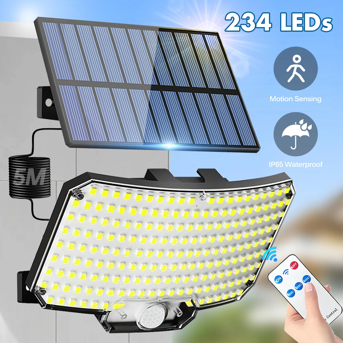 Luces solares para exteriores 234LED 3 modos luces de inundación con sensor de movimiento con control remoto IP65 luces solares de seguridad impermeables para exterior