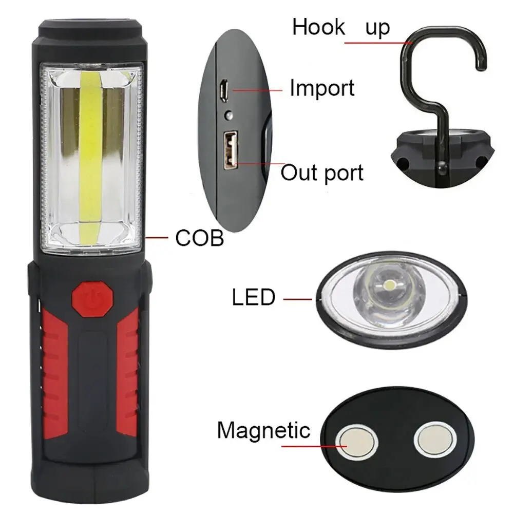 Luz de trabajo COB LED 90 °   Linterna giratoria, lámpara de Camping impermeable, imán, carga USB, luz de reparación de coche, gancho, linterna