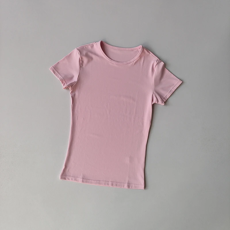 Ropa de Yoga de Color sólido con detección desnuda para mujer, camiseta ajustada elástica de secado rápido de manga corta, ropa deportiva, ropa superior