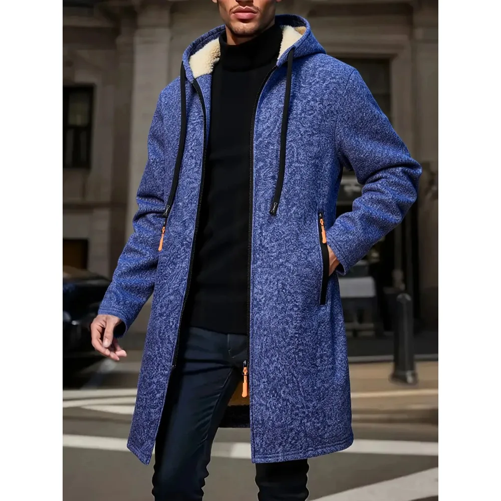 Abrigo largo cálido de invierno para hombre, chaqueta con cremallera, cortavientos con cremallera, abrigo grueso de lana a prueba de viento, chaqueta informal con capucha de Color contrastante