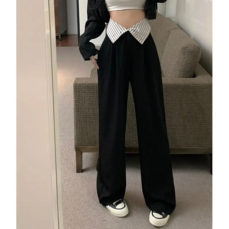 Pantalones negros de cintura alta para mujer, pantalones de piso colgantes, pantalones casuales sueltos de pierna ancha, nuevo estilo de otoño