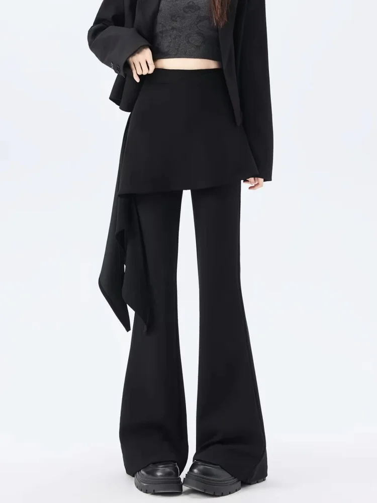 Pantalones acampanados góticos negros con falda para mujer, pantalones Vintage Y2k, pantalones estilo Harajuku japonés de los años 2000, ropa Emo Trashy de los años 2000