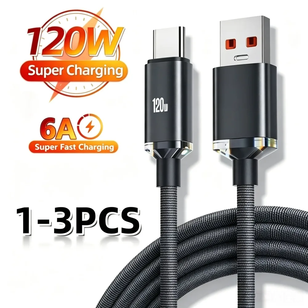 Cable de carga rápida USB C de 120W, 0,25 M/1M/1,5 m/2M, cargador súper rápido de 6A para Samsung, Xiaomi, Huawei, Cable tipo C