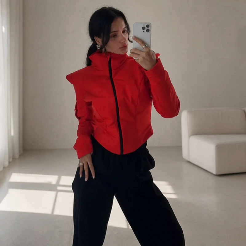 Chaqueta Deportiva Corta Acolchada para Mujer, Cuello Alto, Cierre de Cremallera, Hombros Reforzados, Manga Larga, Corte Ajustado, Abrigo Cálido, Ropa Exterior Casual y Elegante para Damas
