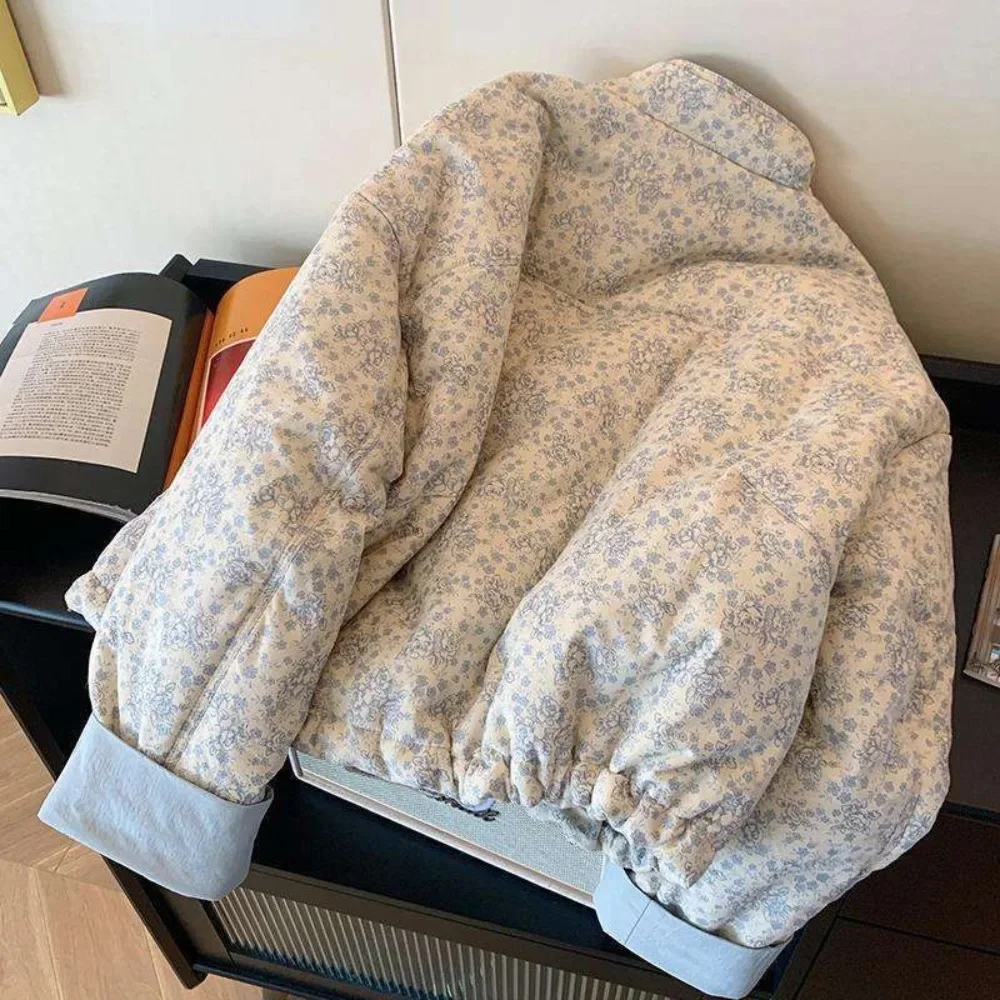 2025 Chaqueta literaria coreana con estampado suave para Mujer, Chaqueta corta con cuello levantado, chaqueta reductora de edad, informal, cálida y gruesa con paneles para Mujer