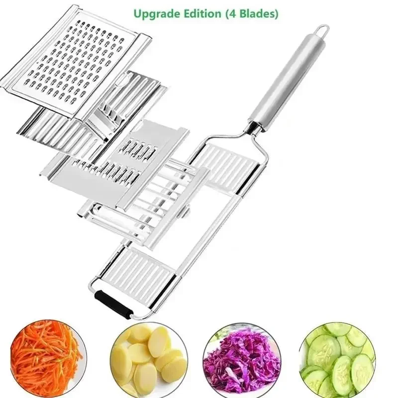 Cortador de verduras 4 en 1 de acero inoxidable, rebanador multiusos, juego de cortadores manuales para frutas, zanahorias y patatas.