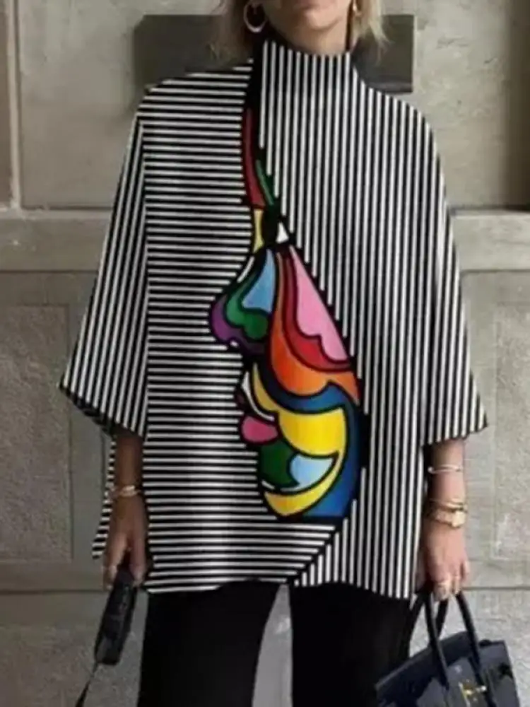 UOOZEE Camisetas a Rayas con Cuello Alto para Mujer, Moda 2026, Primavera-Verano, Estilo Coreano, Holgadas, Casuales, para Salir