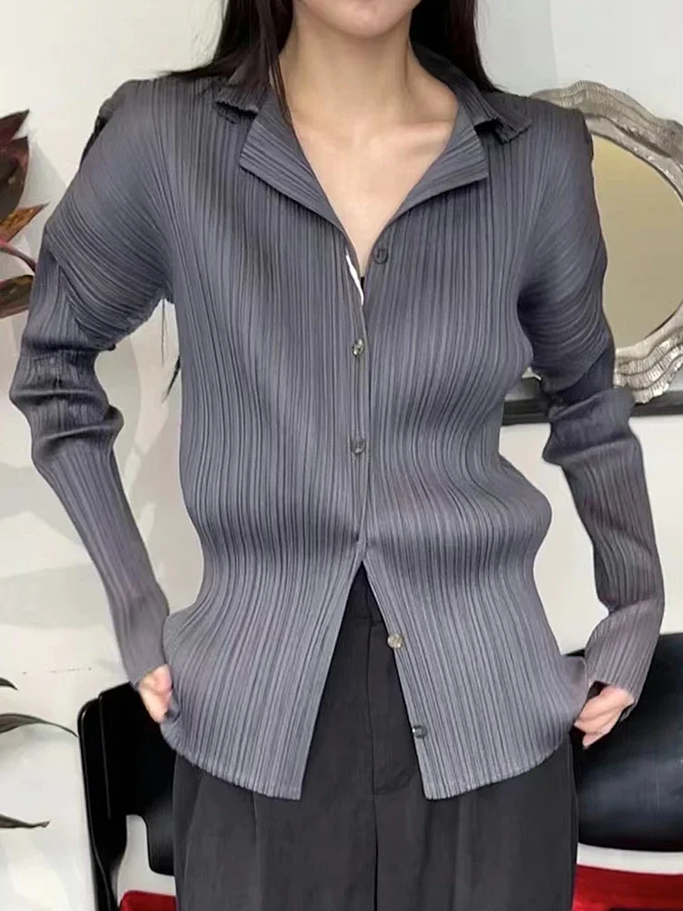 Camisa de mujer Miyake, camisa de manga larga con solapa plisada, camisa informal versátil holgada de talla grande, cárdigan plisado, Tops, novedad de otoño 2024