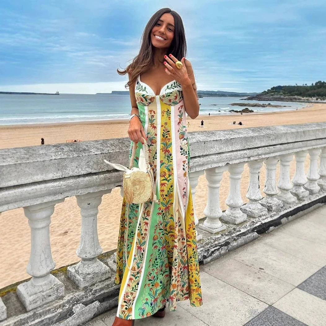 Moda elegante mujer Vestidos de fiesta sin mangas Casual cuello en V profundo Maxi vestido de verano sin espalda vestido estampado de cintura alta Vestidos
