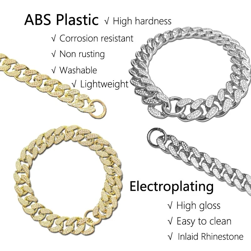 Collar de plástico con diamantes de imitación para perro, cadena dorada de lujo para adornos de Bulldog Francés, Collar para perros pequeños y grandes, accesorios para mascotas y gatos