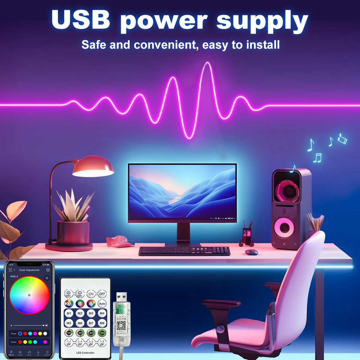 Tira de luces LED RGB+IC de neón de 5V, 1M 2M 3M 5M 10M, USB, impermeable, flexible, con control remoto Bluetooth para decoración del hogar