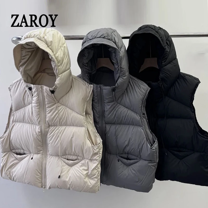 ZAROY, chaquetas y chalecos de otoño e invierno para mujer, chaleco informal con capucha y bolsillos con cremallera, ropa de abrigo, chaqueta sin mangas de algodón, куртка