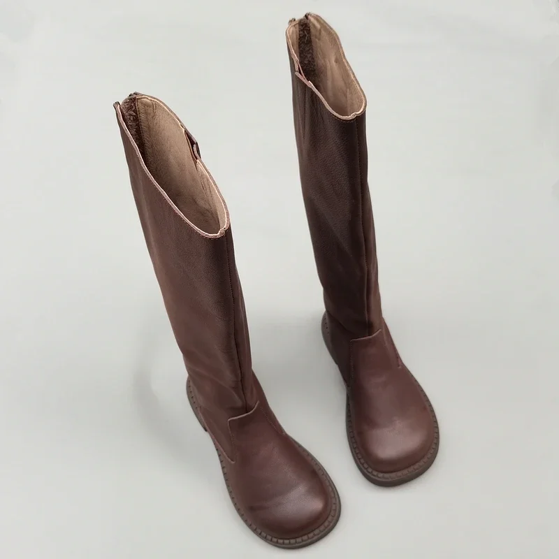Careaymade-Botas de lana de invierno para mujer de edición ancha de cabeza grande de cuero genuino, botas individuales largas de caballero de cabeza redonda hechas a mano de piel de vaca