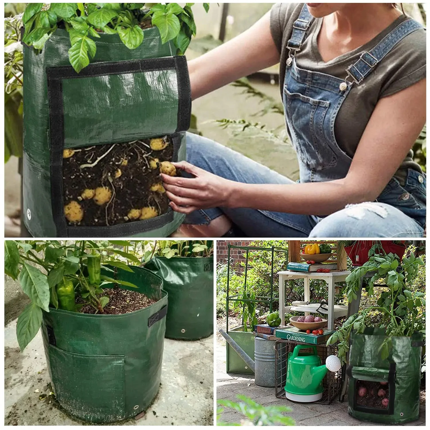 Bolsas de cultivo de jardín, bolsas de cultivo de patatas de 3/5/7/10 galones, bolsas de cultivo de plantas de jardinería, contenedor de macetero de verduras y zanahorias de tela PE