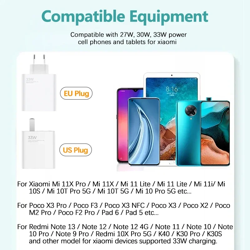 Cargador Xiaomi 33W QC 3,0 carga rápida 6A carga Turbo rápida adaptador de cargador de teléfono móvil Cable USB tipo C para Samsung Xiaomi