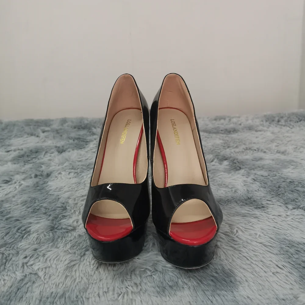 LOSLANDIFEN, zapatos de tacón sexis con plataforma peep toe de 14cm, tacones súper altos, zapatos de charol, tacones de aguja rojos para boda, talla grande 44