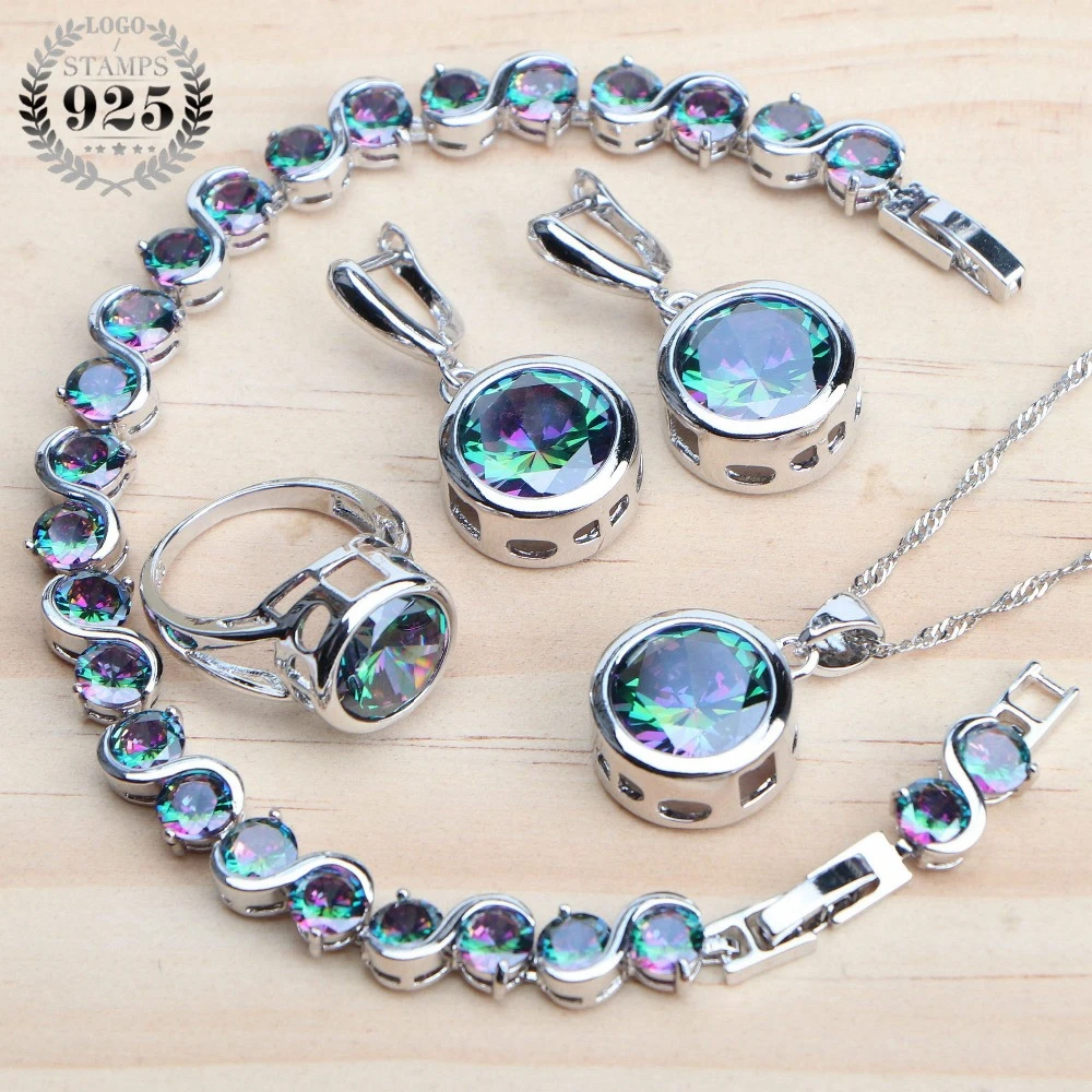 Conjuntos de joyería de plata de ley 925 para mujer, pendientes de circón de arcoíris mágicos naturales, anillo, pulseras, colgante, conjunto de collar de boda
