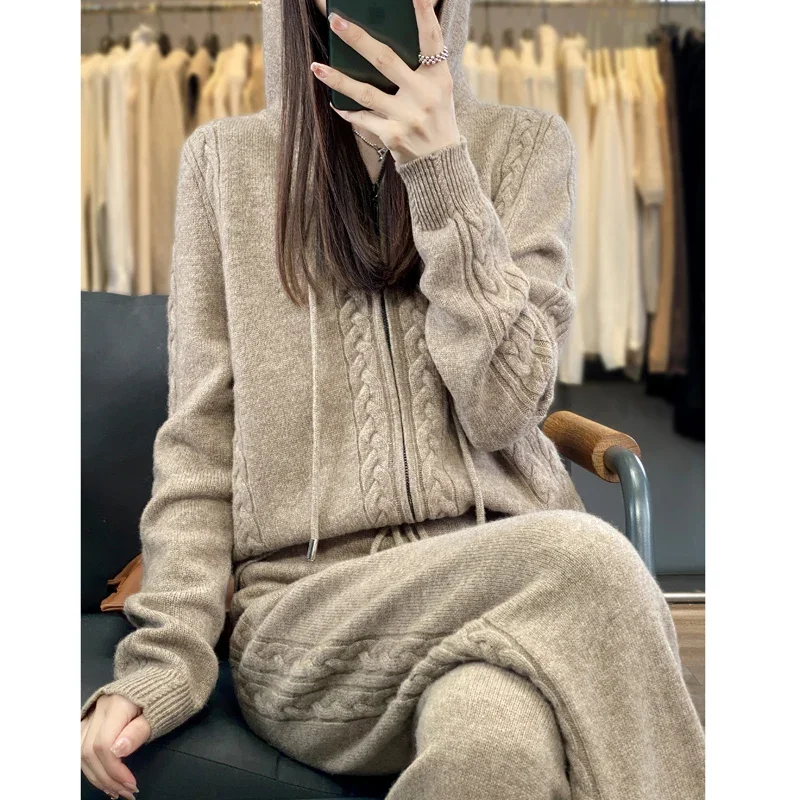 Conjunto de 2 piezas de cárdigan con capucha de cachemira pura para mujer, con diseño de flores trenzadas, suéter holgado y pantalones de pierna ancha, mezcla de lana