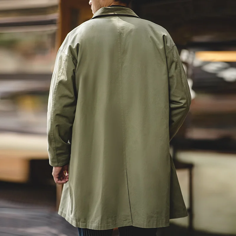 Maden Casual Balmacaan Trench Coat Loose Fit Verde Cortavientos Heavyweight Twill Vintage Chaquetas Largas para Hombres Otoño e Invierno