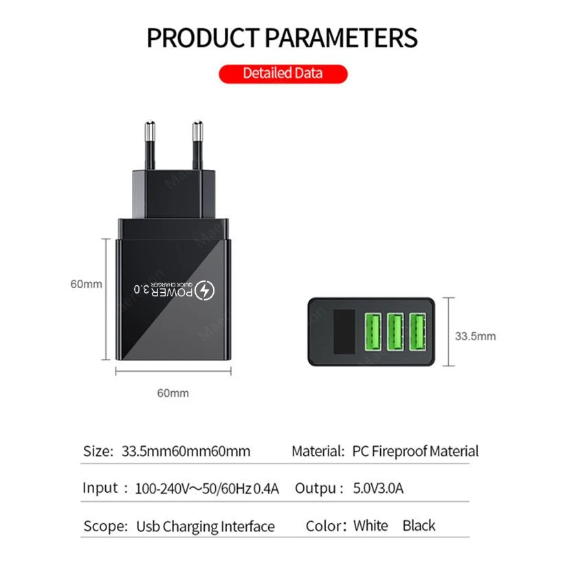 Cargador rápido USB de 3 puertos con adaptador de teléfono con pantalla LED para iPhone Samsung Xiaomi Huawei carga rápida 3,0 cargador de pared con enchufe UE/EE. UU.
