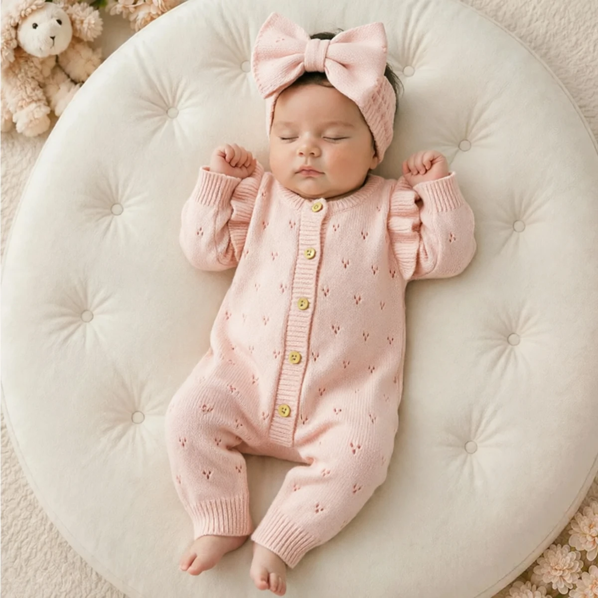 Ylsteee Conjunto de pelele de punto para bebé recién nacida con diadema de lazo, mono de punto con volantes y corazones para fotografía y uso diario de 0 a 3 meses