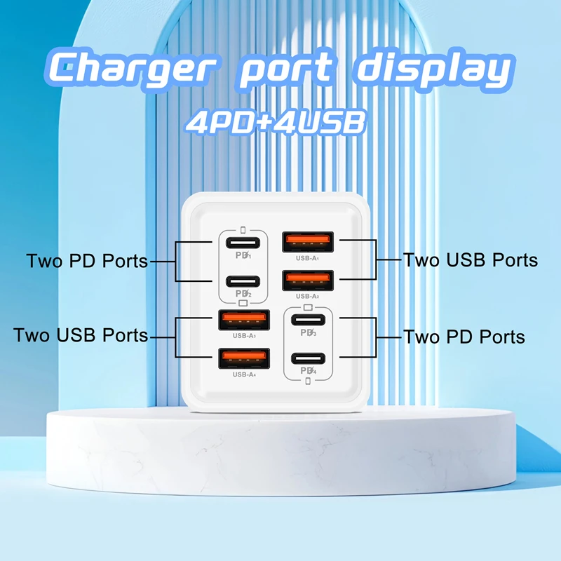 Cargador Multi-Puerto Lenovo 2026 de 240W, Carga Súper Rápida para Smartphone, 4 Puertos USB y 4 Tipo-C, Adaptador para UE, EE. UU. y Reino Unido