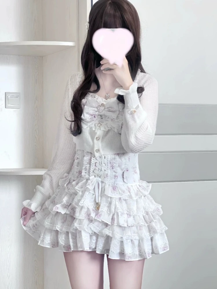Conjunto de Dos Piezas de Encaje Floral Estilo Lolita Japonés para Mujer, con Lazo, Volantes y Falda Mini a Capas, Ropa Diaria Femenina