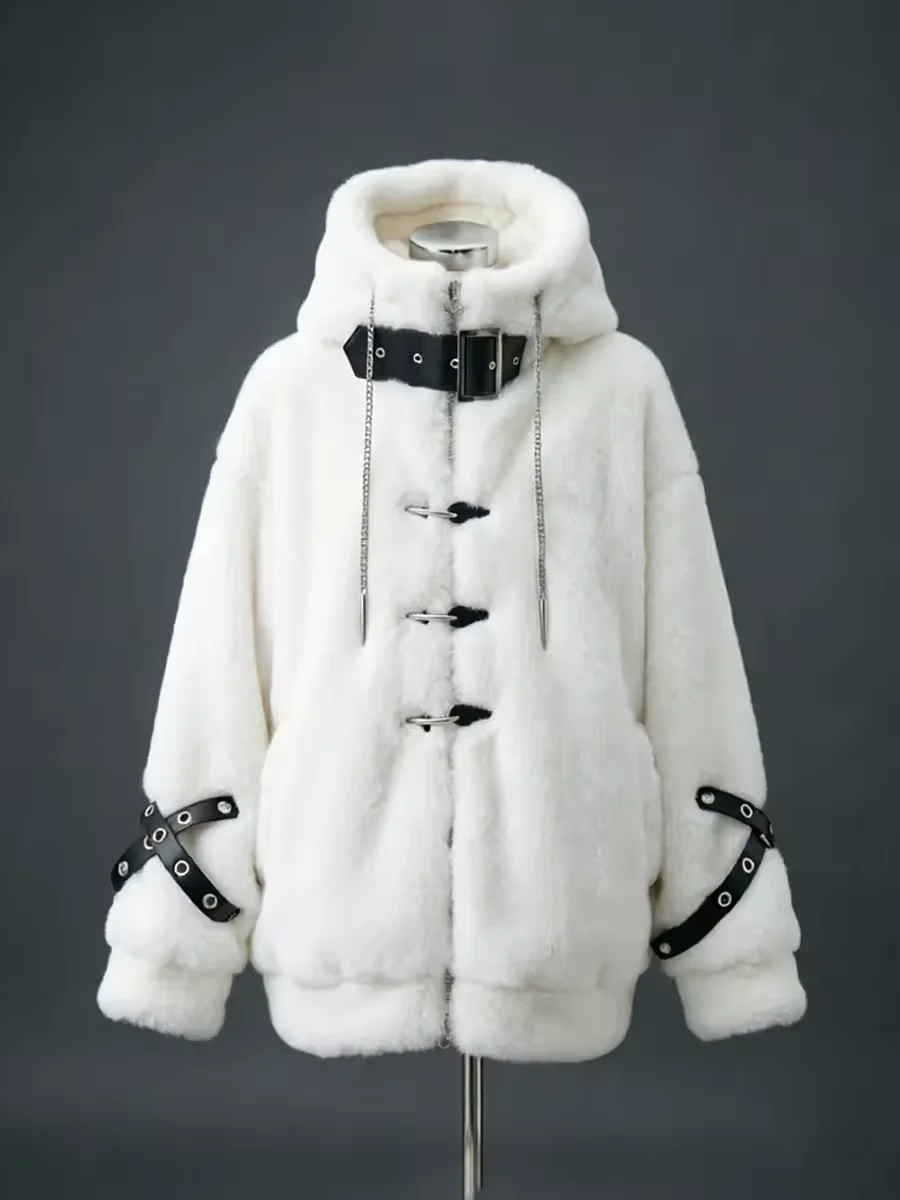Abrigo de Piel Sintética Grueso y Cálido para Mujer, Otoño-Invierno, con Capucha y Cremallera, Estilo Japonés de Lujo, Punk Harajuku, Chaqueta Esponjosa 2026