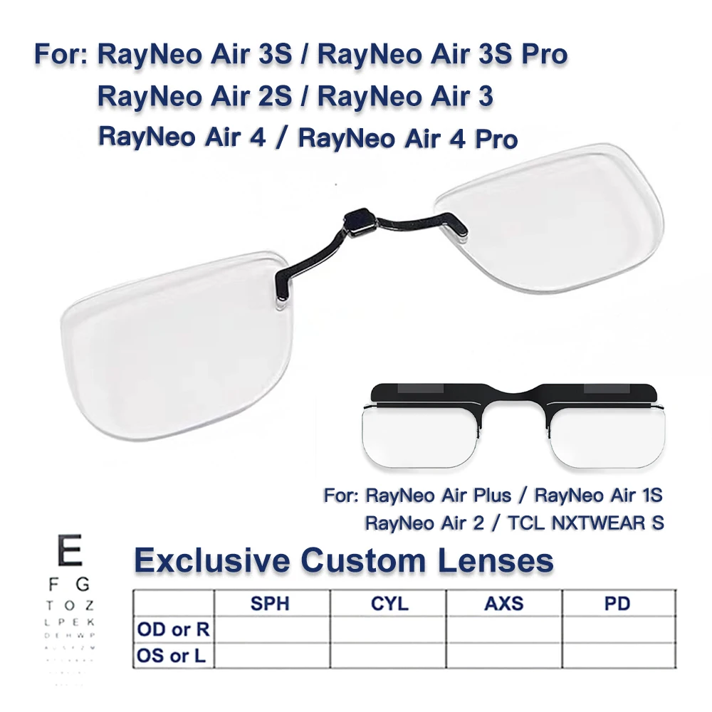 Lentes Personalizadas para Gafas Inteligentes TCL RayNeo Air 1S/2/Air 2S/Air 3S/Air3S Pro/4 Pro, Lentes Anti-Luz Azul y Anti-Reflejos para Miopía e Hipermetropía