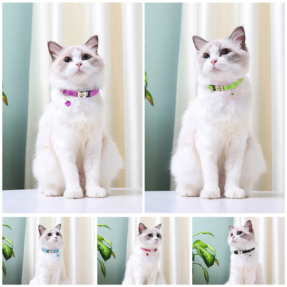 Collar de gato personalizado grabado, collares reflectantes para cachorros y gatitos con campana, accesorios personalizados para mascotas, 1cm de ancho
