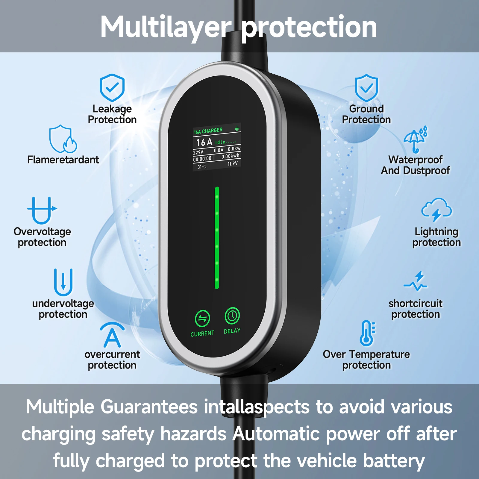 Cargador de coche eléctrico portátil EVSE de 3.5KW 16A Tipo 2, monofásico, con cable de carga para pared, control por WiFi y Bluetooth para uso doméstico.