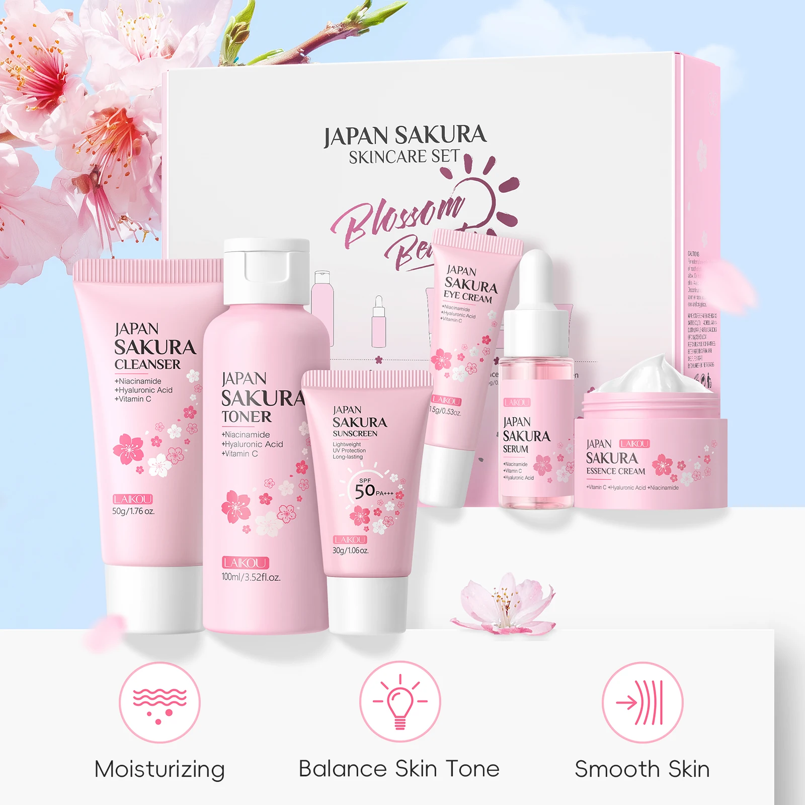 Set Completo de Cuidado Facial LAIKOU Japan Sakura: Limpiador, Tónico, Sérum, Crema, Crema para Ojos, Protector Solar, Kit de Viaje