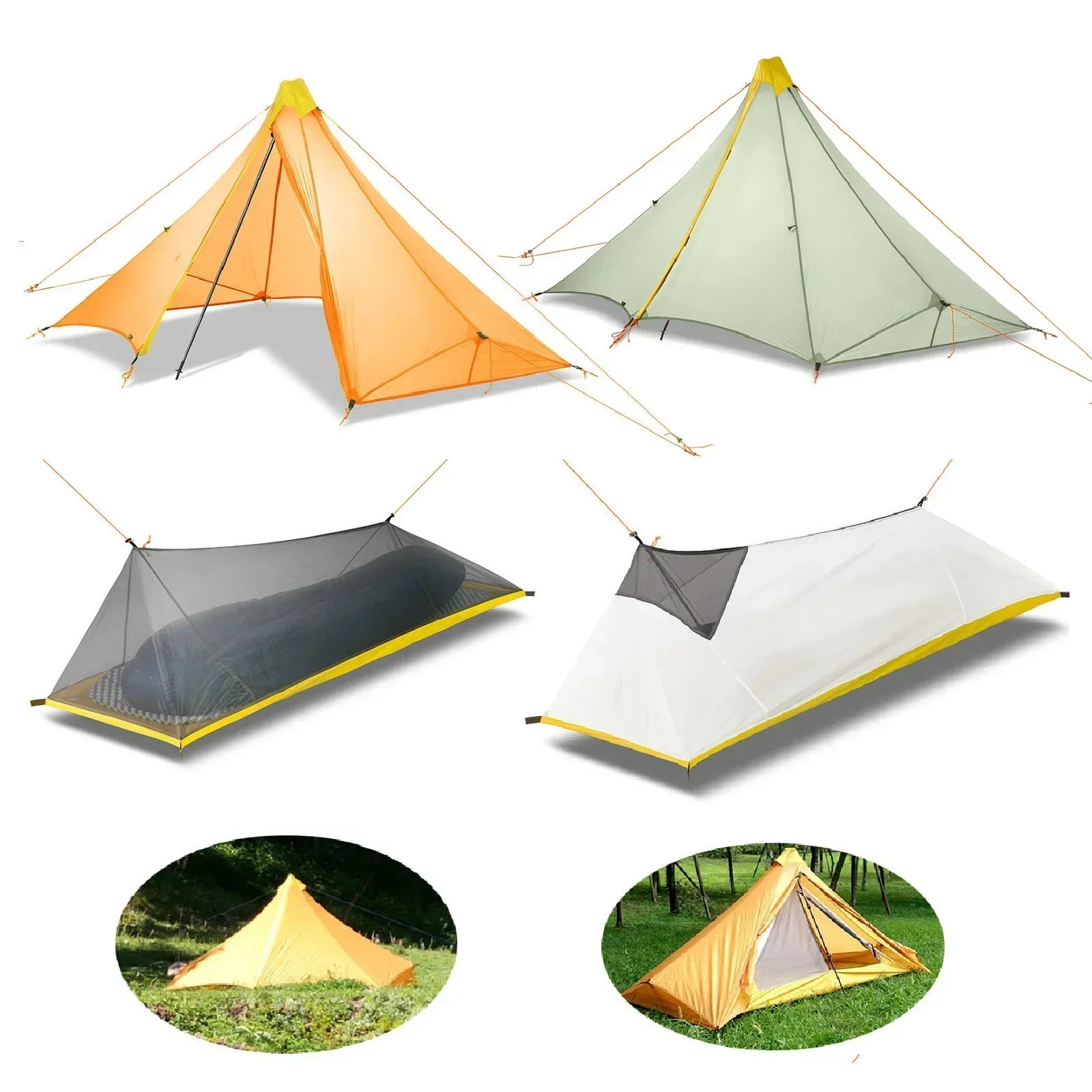 1 persona, 4 estaciones, ultraligero, nailon 20D, pirámide sin vástago recubierta de silicona de ambos lados, hoja plana de 410g o tienda interior de malla de verano de 230-260g