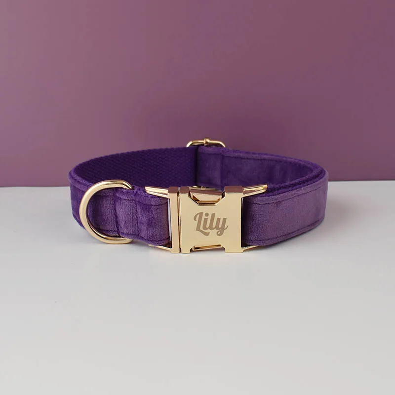 Conjunto de collar y correa de terciopelo morado para perros pequeños, medianos y grandes, placa con nombre grabada personalizada, suministros para mascotas, correa de terciopelo para perros 16
