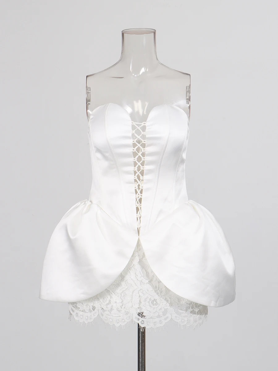 Vestidos Sólidos con Aberturas TWOTWINSTYLE para Mujer, sin Tirantes, sin Mangas, Cintura Alta, con Parches de Encaje, Mini Vestido Sexy, Moda Femenina