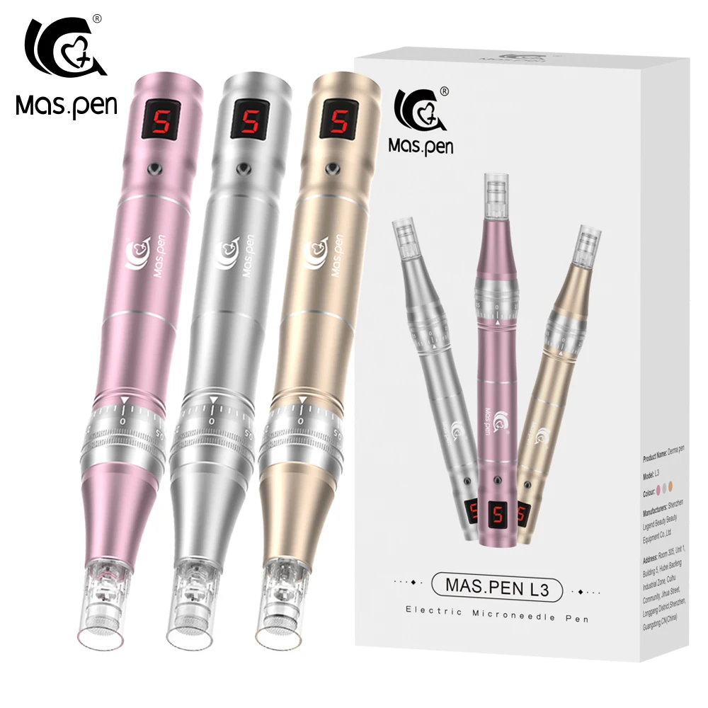 Dispositivo recargable de microneedling (Derma Pen/Mas Pen L3) para el cuidado de la piel, con dos puntas de repuesto.