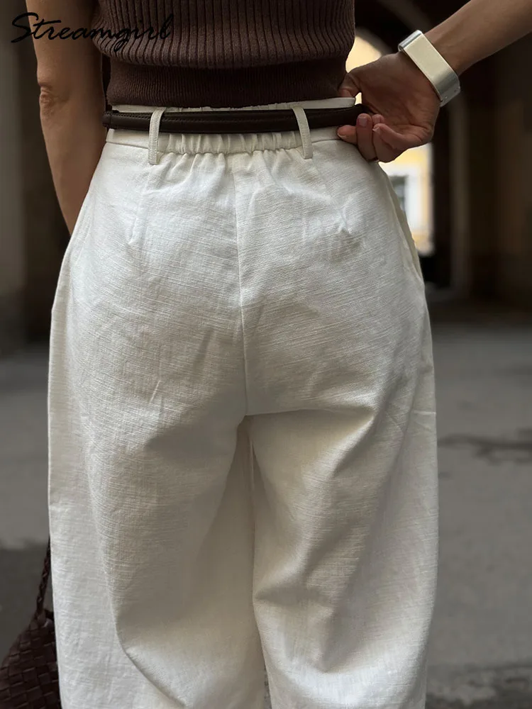 Pantalones blancos de lino y algodón para mujer, pantalones formales de pierna ancha, pantalones de traje de pierna recta de verano, pantalones formales de cintura alta para mujer, sueltos