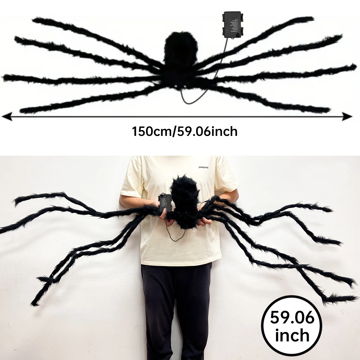 1 pieza de araña gigante luminosa de Halloween, negra y peluda, con luz LED morada, alimentada por batería, 8 modos de iluminación, para decoración de porches interiores y exteriores.